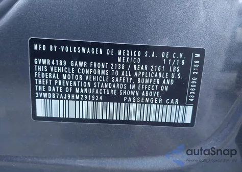 2017 Volkswagen Jetta 1.4T Se z USA, uszkodzony, nr VIN 3VWDB7AJ9HM291924